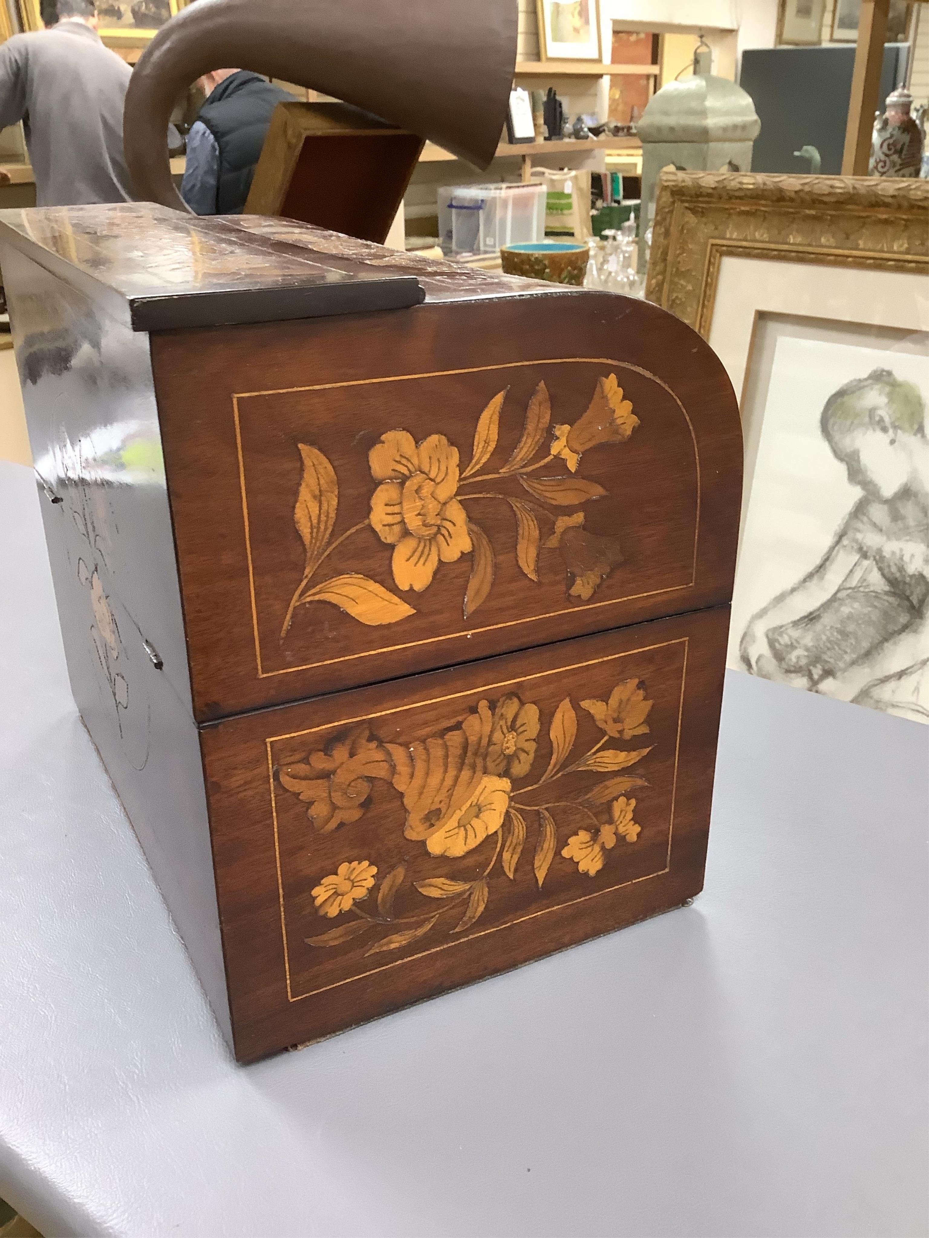 A 19th century Dutch, dome fronted, marquetry mahogany decanter box, velvet lined, 28cm wide
